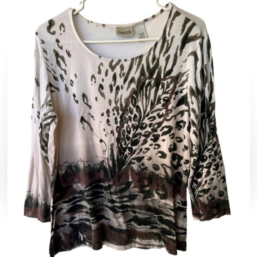 Chico's Animal Print Leaf Nature Cream Black Brown Long Sleeve Shirt Top size M